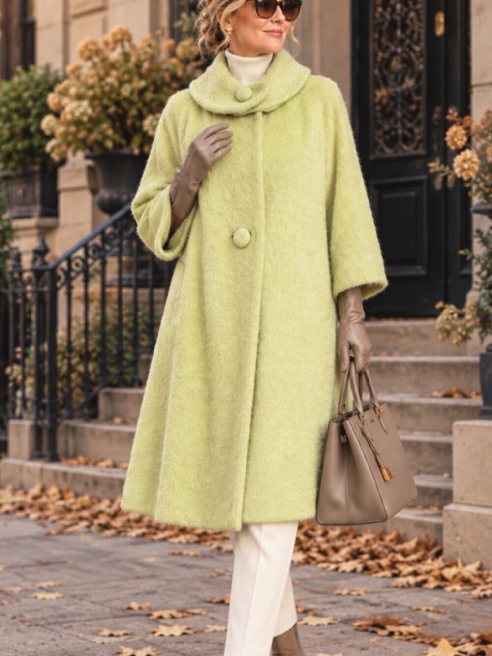 Vtg 1950-60s Lilli Ann Paris Coat Pistachio Green Textured Fuzzy 3/4 Sleeve